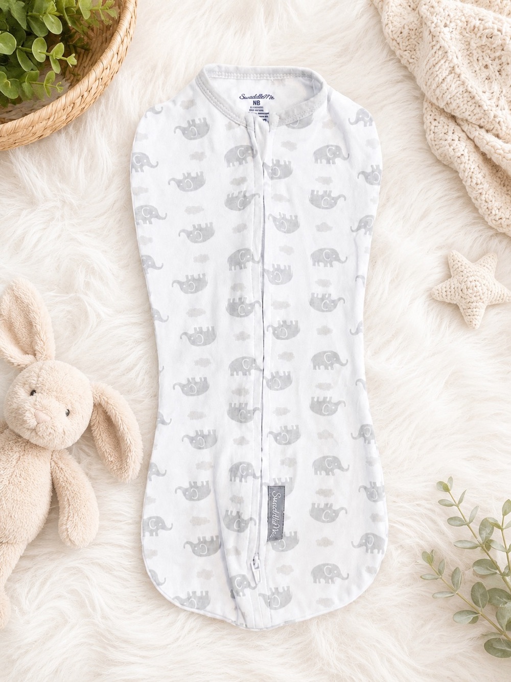 SwaddleMe Newborn Pod Swaddle Sack Gray Elephant Print Two-Way Zipper
